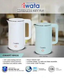 White and light blue cordless electric kettles with sleek design, 1500W heating element, and 1.8L capacity, ideal for office and home use. Features include automatic shut-off, cordless design, and easy-to-clean stainless steel body.