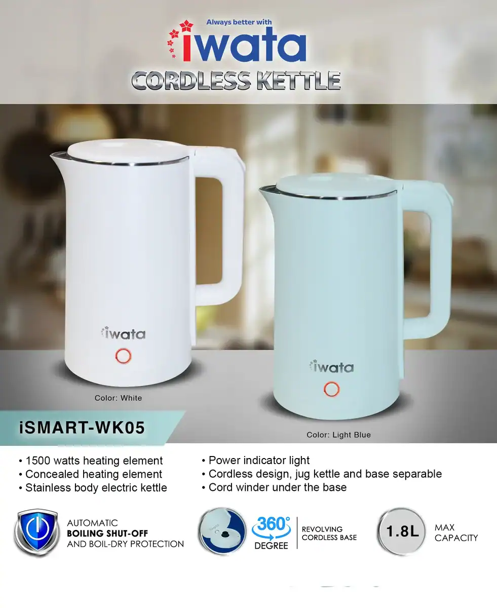 iSMART-WK05 ELECTRIC KETTLE (1) White and light blue cordless electric kettles with sleek design, 1500W heating element, and 1.8L capacity, ideal for office and home use. Features include automatic shut-off, cordless design, and easy-to-clean stainless steel body.