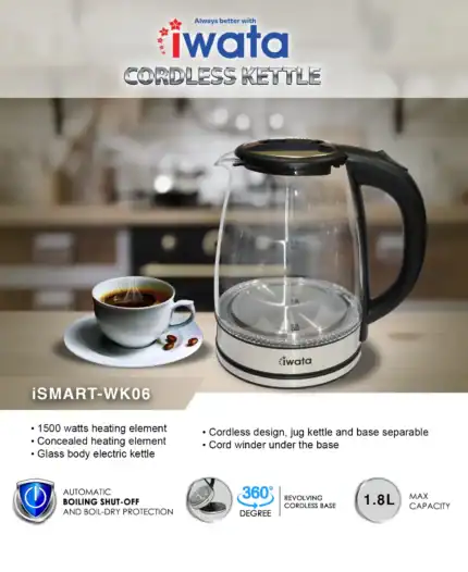 IWata cordless electric kettle for efficient boiling, featuring a 1500W heating element, cordless design, and 1.8L capacity, ideal for modern kitchens.