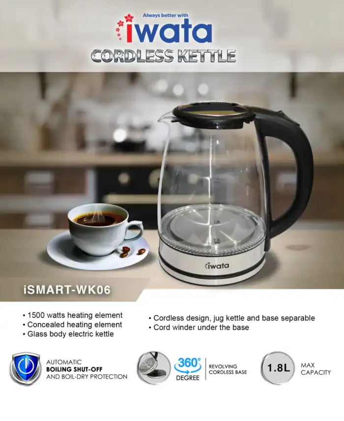 IWata cordless electric kettle for efficient boiling, featuring a 1500W heating element, cordless design, and 1.8L capacity, ideal for modern kitchens.
