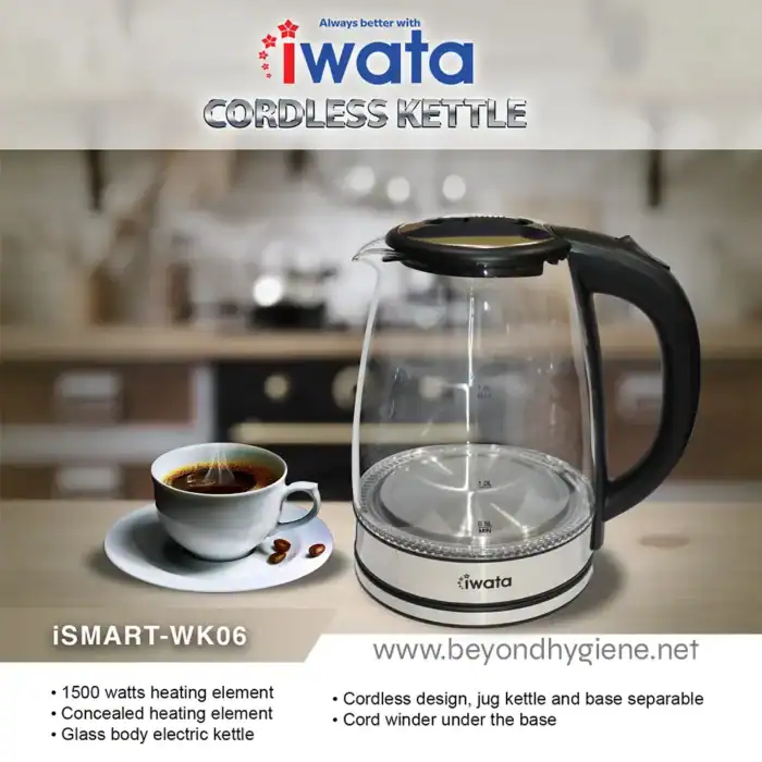 IWata cordless electric kettle for efficient hot water boiling, featuring 1500W concealed heating, glass body, and detachable base, ideal for modern kitchens.