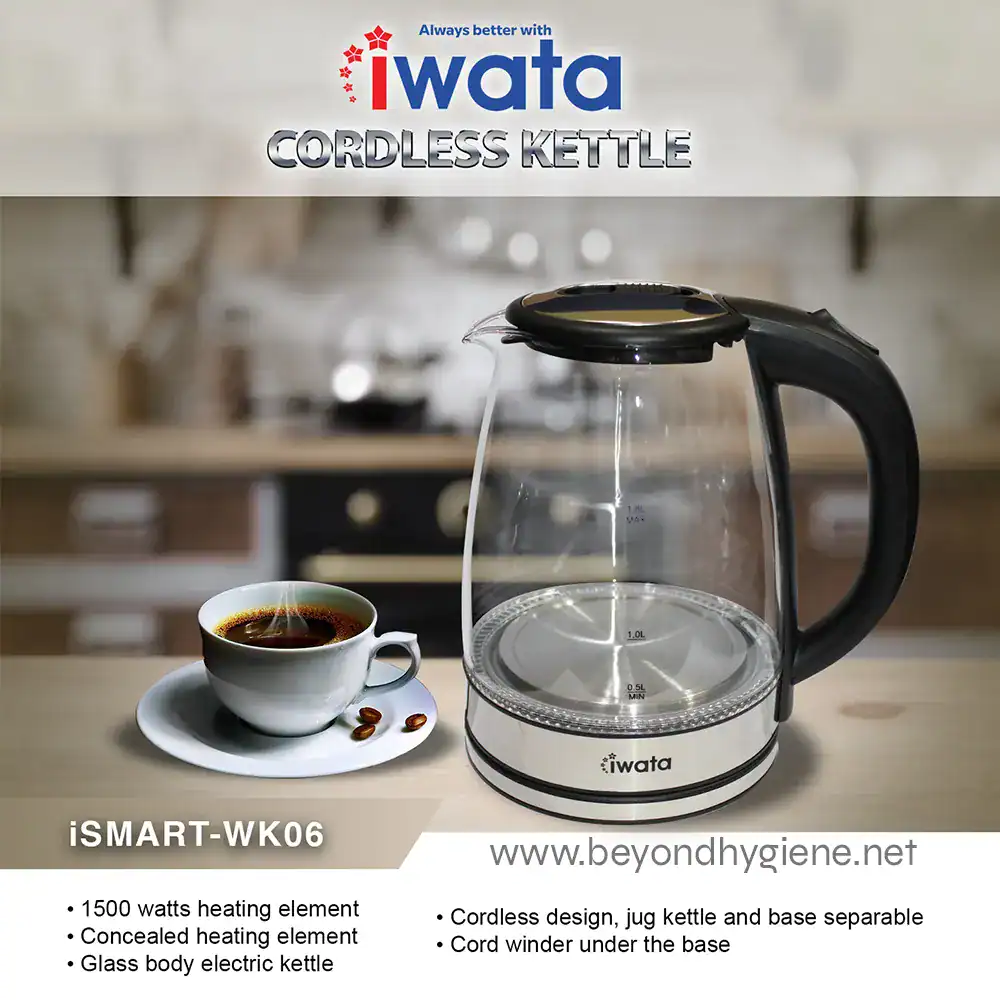 iSMART-WK06 ELECTRIC KETTLE (2) IWata cordless electric kettle for efficient hot water boiling, featuring 1500W concealed heating, glass body, and detachable base, ideal for modern kitchens.
