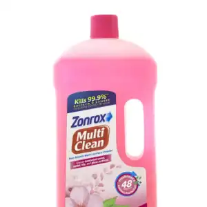 Kills 99.9% of bacteria, viruses including COVID-19, with Zorox Multi Clean surface disinfectant cleaner, effective on laminated wood, metal, tile, and glass surfaces for hygienic cleaning.