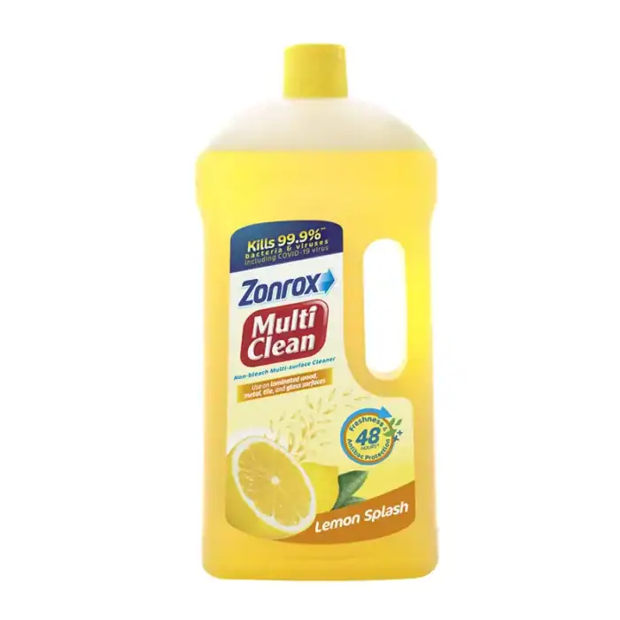 Zonrox Multi Clean Lemon Splash disinfectant with antibacterial and COVID-19 virus protection, ideal for cleaning surfaces, floors, and glass, providing 48 hours of freshness and germ protection.