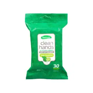 Sanicare hand sanitizing wipes with zesty bergamot, 30 sheets, alcohol-based disinfectant, antibacterial, suitable for hygienic hand cleaning, ideal for travel or on-the-go hygiene routines.