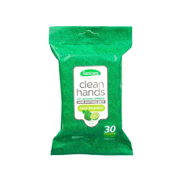 Sanicare hand sanitizing wipes with zesty bergamot, 30 sheets, alcohol-based disinfectant, antibacterial, suitable for hygienic hand cleaning, ideal for travel or on-the-go hygiene routines.