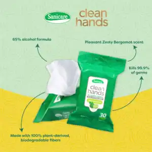 Sanicare clean hands hand sanitizing wipes with 65% alcohol formula and bergamot scent, kills 99.9% of germs, made with biodegradable fibers, ideal for hygienic hand cleaning.