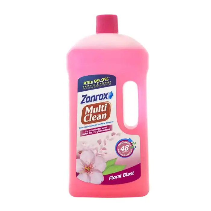 Zonrox Multi Clean floral blast all-purpose multi-surface cleaner for kitchen and bathroom disinfecting and deep cleaning.