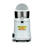 Citrus juicer machine with stainless steel bowl, compact commercial fruit extractor, used for juice bars and cafes, hygienic and easy to operate.