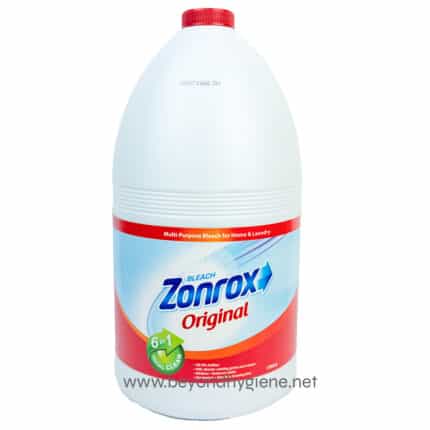 Bleach bottle for cleaning and disinfecting, featuring Zorox brand, multi-purpose bleach for home and laundry, 378ml.