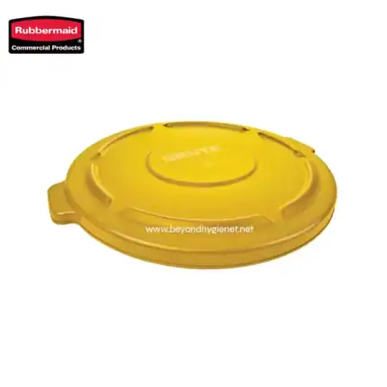 Rubbermaid yellow safety cover lid for waste bins, durable plastic, enhances hygiene and safety in commercial environments.