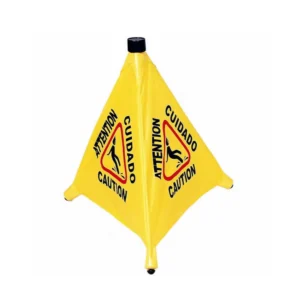 Warning caution wet floor sign for health and safety in commercial premises and public spaces for proper hygiene and accident prevention.