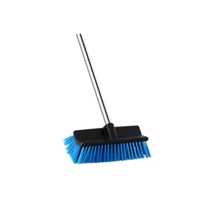 Blue cleaning brush with long handle for sanitation cleaning tools.