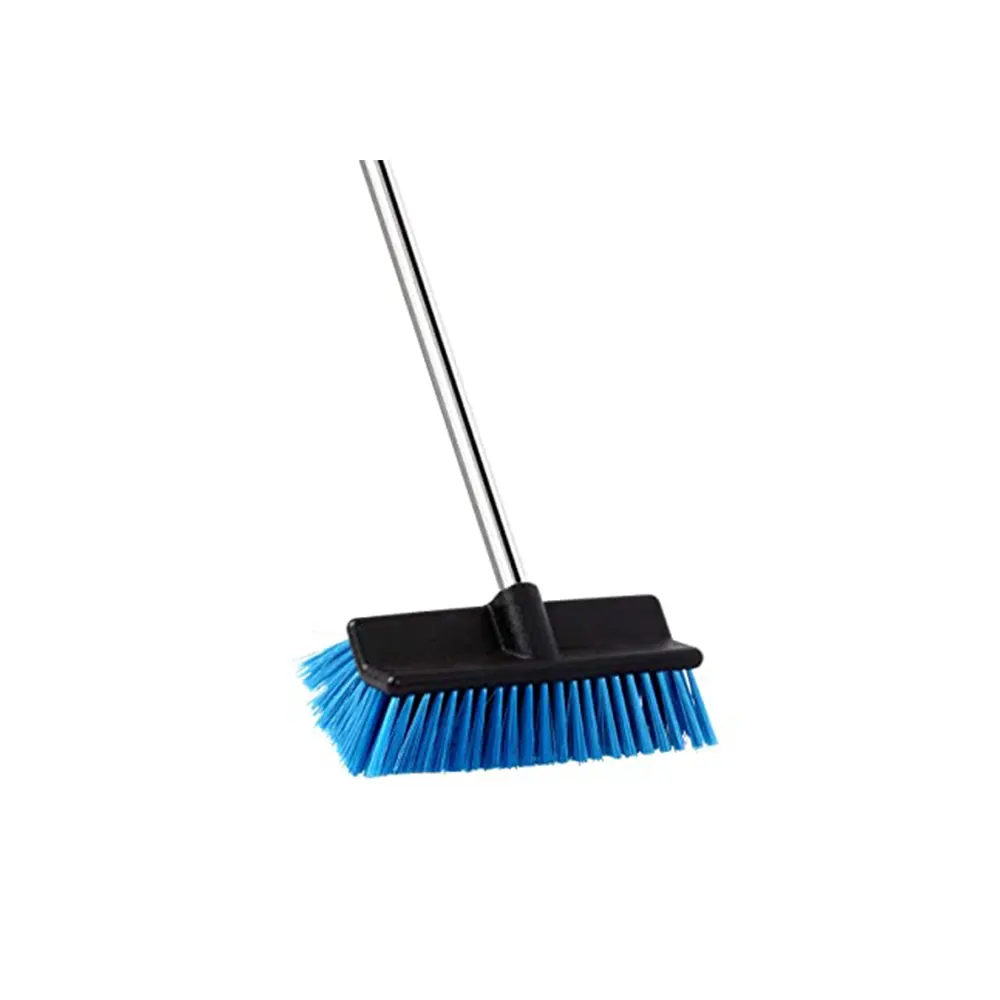 Blue cleaning scrub brush with ergonomic handle for commercial and industrial cleaning tasks.