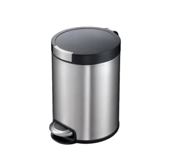 Stainless steel automatic touchless trash can with foot pedal for hygienic waste disposal in commercial and residential spaces.