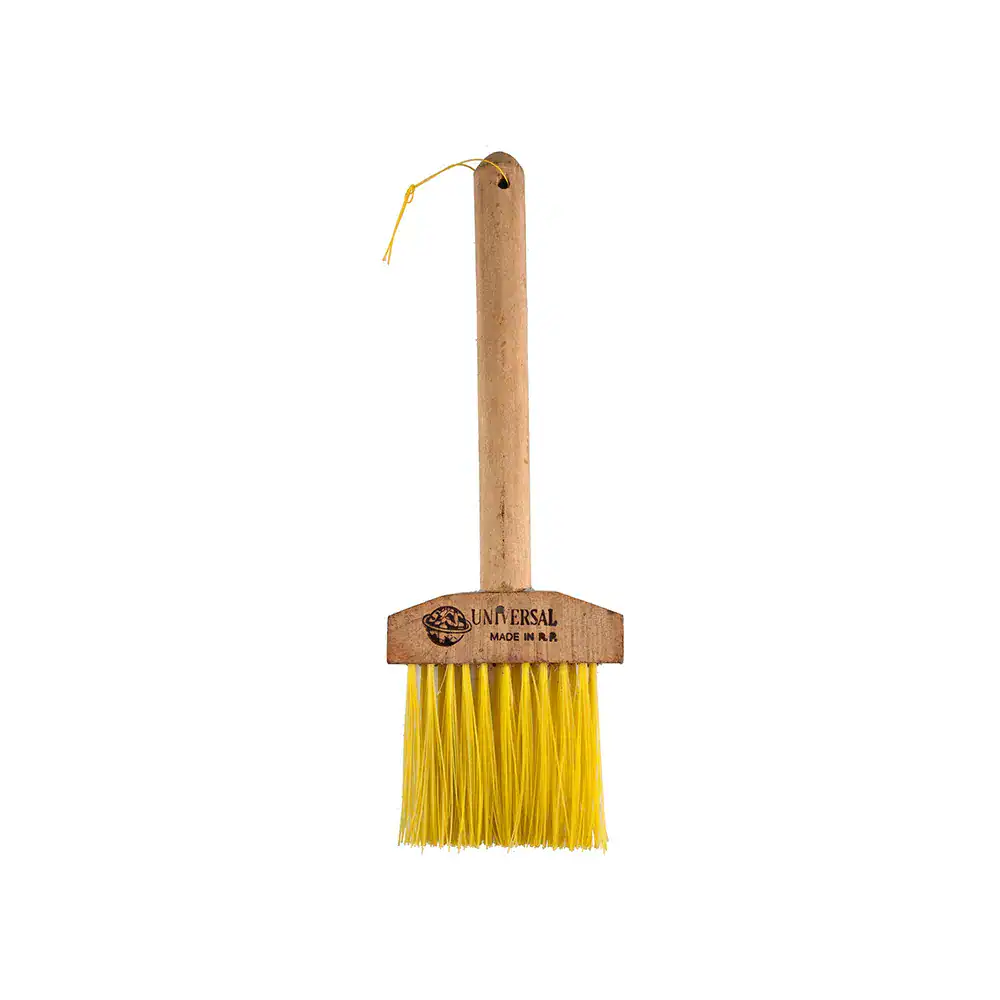 Yellow hand brush with wooden handle for cleaning, ideal for commercial sanitation and hygiene maintenance in Asia.