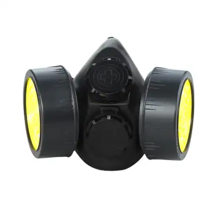 Respirator mask with dual filters, black with yellow filter caps, for industrial or hazardous environment protection.