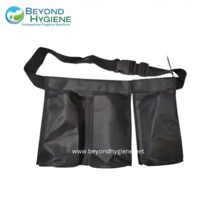 Black waterproof bag with adjustable strap, ideal for hygiene and sanitation purposes in professional settings. Durable, lightweight, and secure for carrying hygiene essentials.
