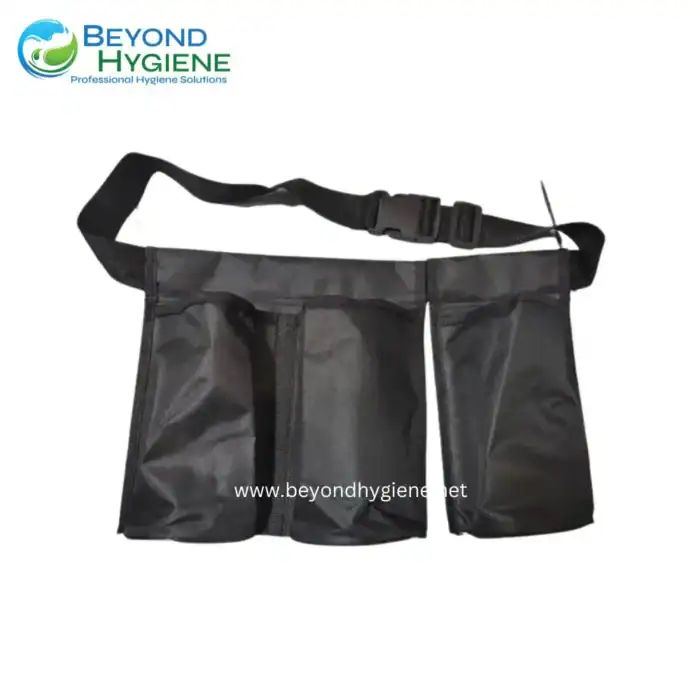 Black waterproof bag with adjustable strap, ideal for hygiene and sanitation purposes in professional settings. Durable, lightweight, and secure for carrying hygiene essentials.