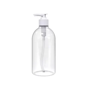 Transparent plastic hand sanitizer pump bottle for hygiene and disinfectant purposes.