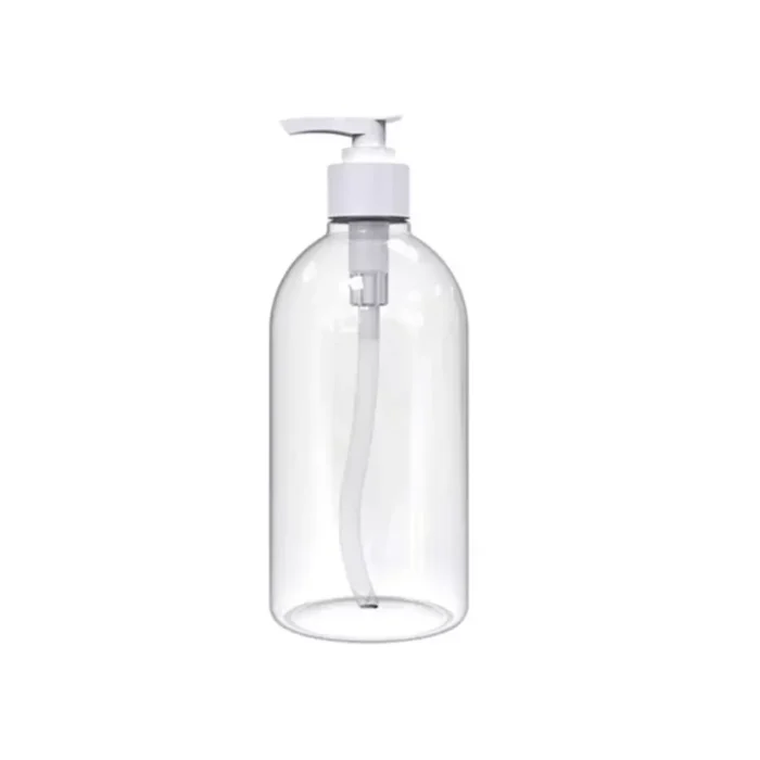 Transparent plastic hand sanitizer pump bottle for hygiene and disinfectant purposes.