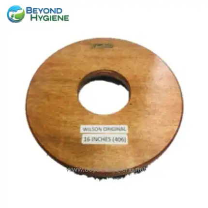 16-inch wooden disc for flooring or decor with "Wilson Original" label, ideal for interior design and carpentry projects.