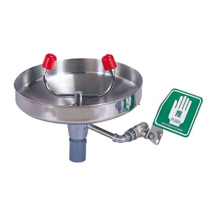 Stainless steel hand washing station with push activation and eye wash sign, commercial hygiene equipment, durable water sink for sanitation, Beyond Hygiene Asia.