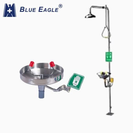 Blue Eagle stainless steel eye wash station with emergency shower for workplace safety and hygiene standards.