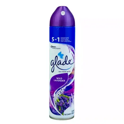 Glade Wild Lavender Air Freshener Spray, 5-in-1 long-lasting odor eliminator, ideal for travel and home use, with fresh lavender scent for a clean environment.