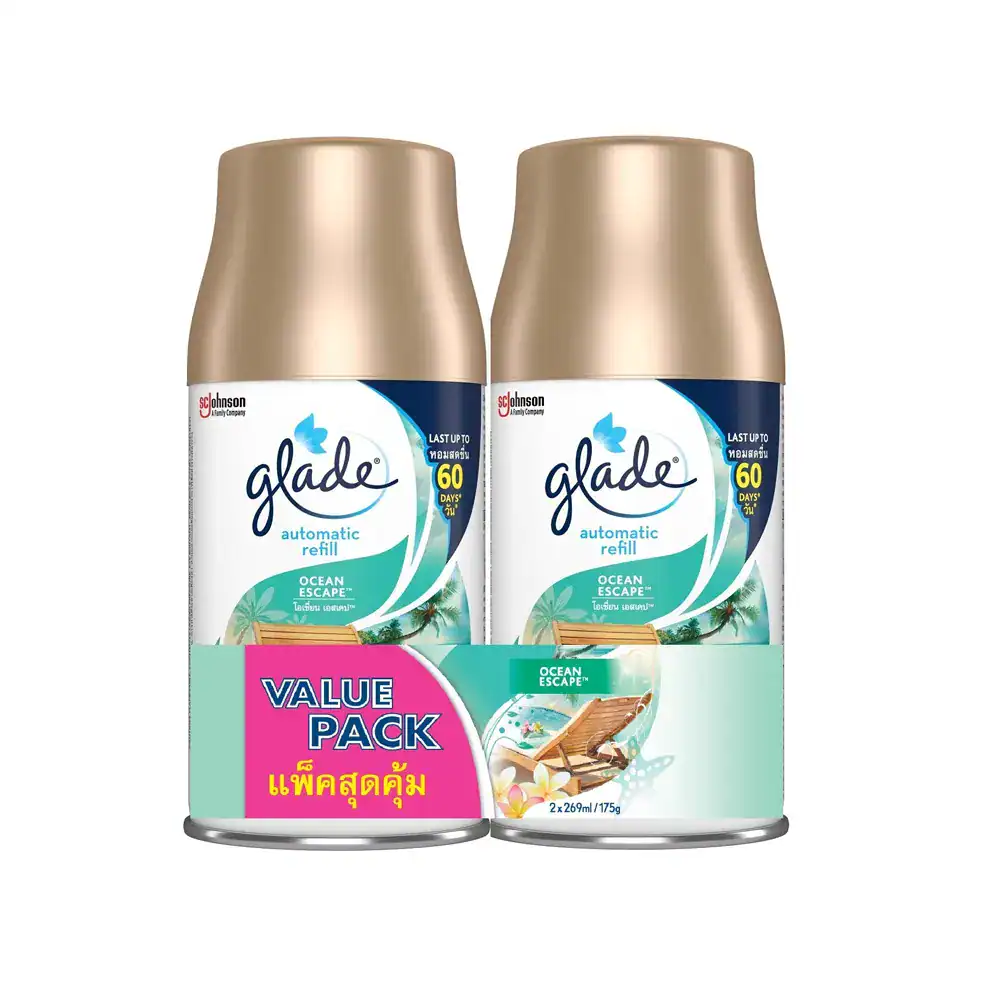 Glade Automatic Refill Ocean Escape Value Pack 2x 269ml Glade automatic air freshener refill pack featuring Ocean Escape scent, designed for long-lasting freshness up to 60 days, perfect for enhancing hygiene and creating a pleasant environment.