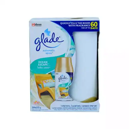 Glade air freshener spray Ocean Escape, automatic air freshener with 60 days fragrance release, ideal for home or office, long-lasting, easy to use, freshens indoor spaces.