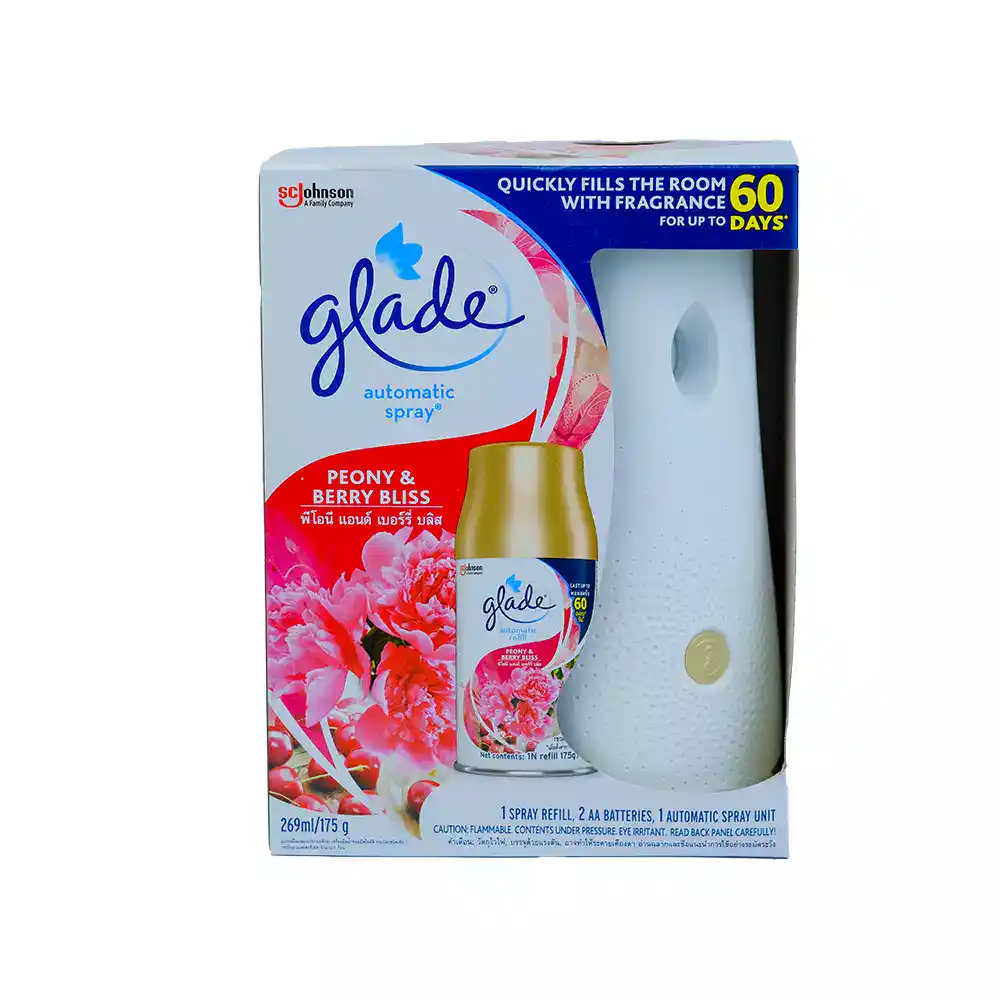 Glade Automatic Spray Peony Glade automatic spray air freshener Peony & Berry Bliss, long-lasting fragrance for home, bathroom, and commercial spaces, available at Beyond Hygiene Asia.