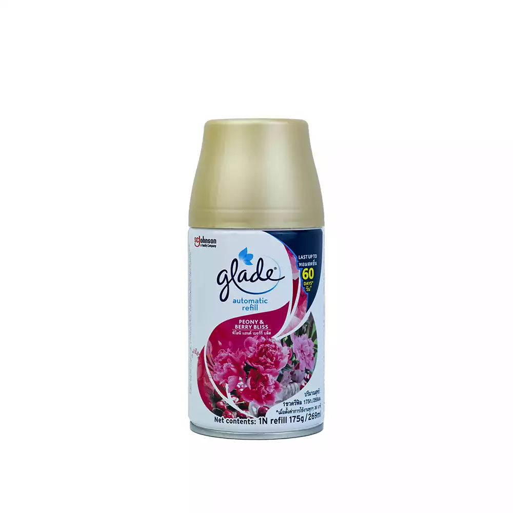 Glade Automatic Spray Refill 175g 269ml Peony Freshening air freshener spray with peony and berry scent for long-lasting freshness, ideal for home and office hygiene, by Beyond Hygiene Asia.
