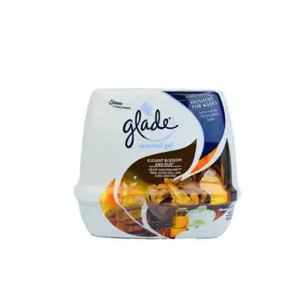 Glade scented gel air freshener with elegant blossom and oud fragrance, long-lasting freshness for home and commercial spaces.