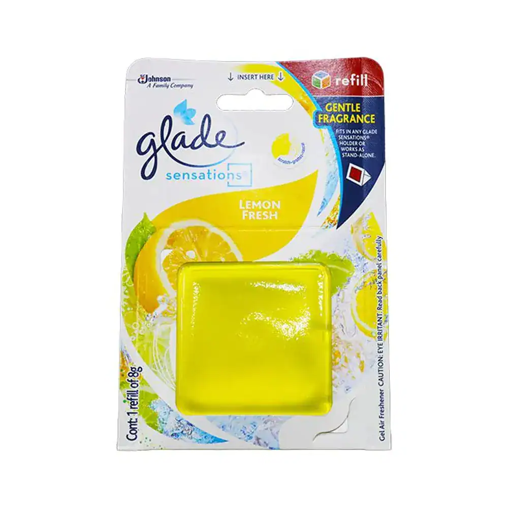 Glade Sensation Gentle Fragrance Lemon Fresh Reffil 8g Glade Lemon Fresh car air freshener, eco-friendly refill, citrus scent, long-lasting fragrance, auto air freshener, beyond hygiene asia, vehicle scent solution, home and car freshness, refill car deodorizer, Lemon scent, natural fragrance, air freshening products, premium quality air refreshers, bathroom and vehicle scents.