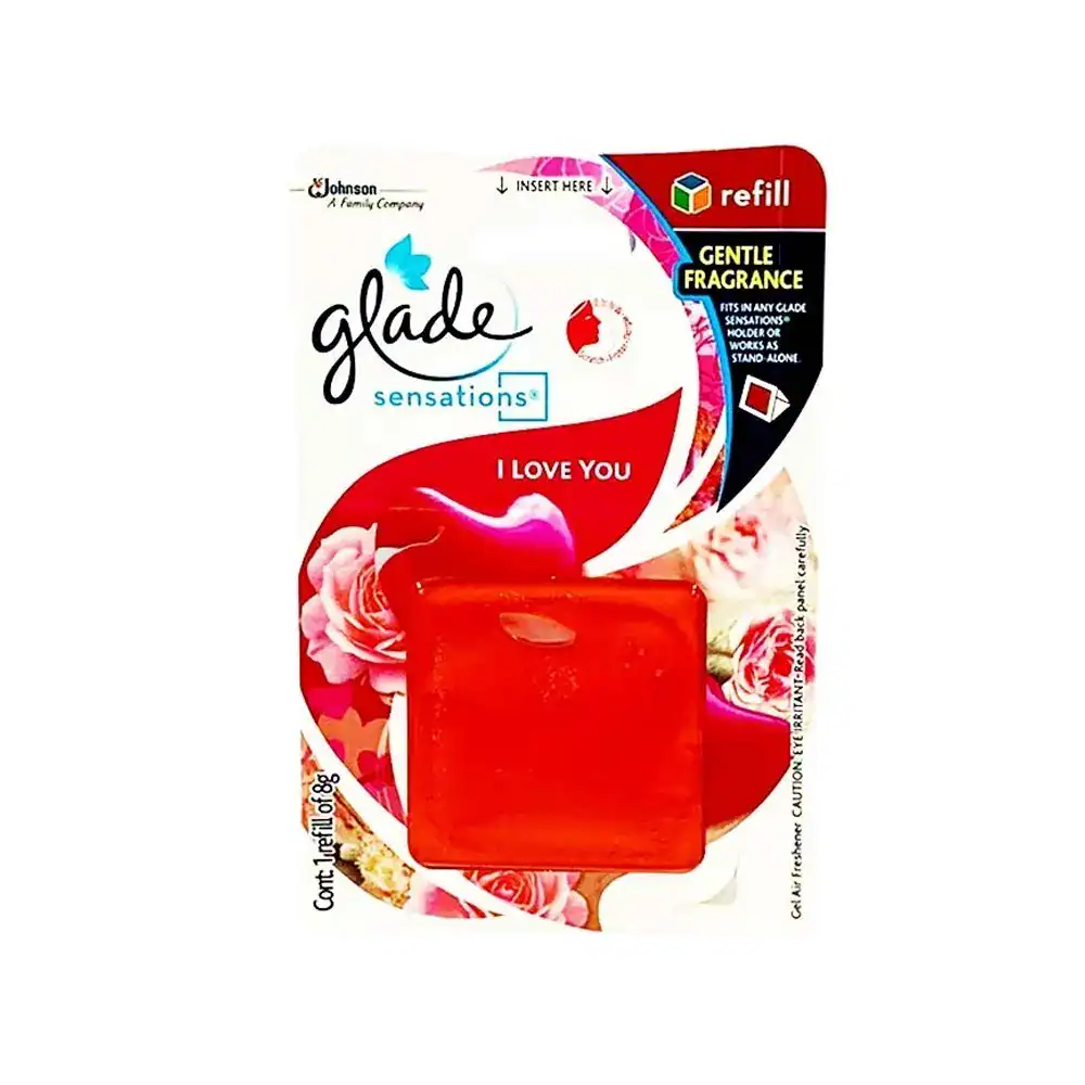 Glade Sensations Gentle Fragrance I Love You Refill 8g Sweet floral scented Glade Sensations candle in a vibrant red color, featuring gentle fragrance and refillable design for home ambiance and aromatherapy.