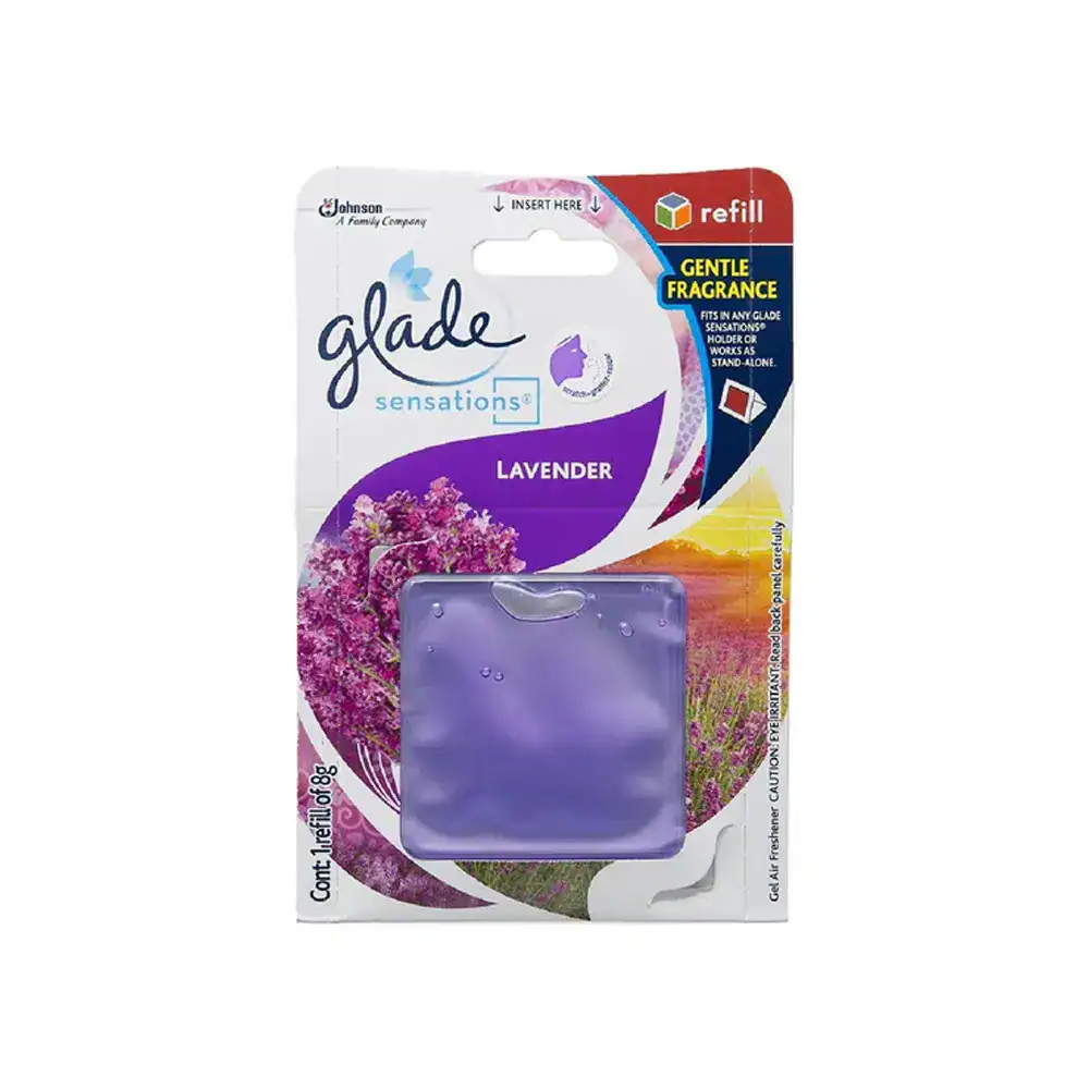 Glade Sensations Gentle Fragrance Lavender Refill 8g Lavender scented gel air freshener for bathroom and home, refillable with gentle fragrance, fits in any glow fragrance holder, designed for freshening indoor spaces, by Beyond Hygiene Asia.