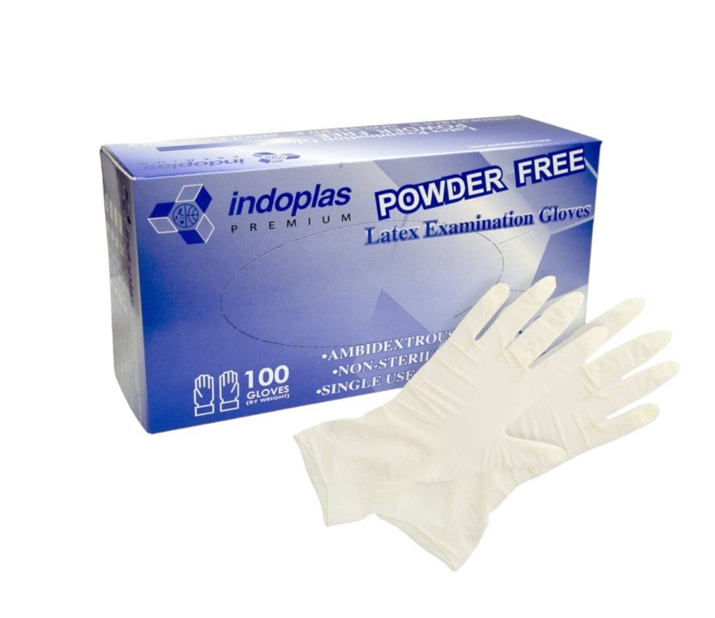 Indoplas latex examination gloves, powder-free, non-sterile, ambidextrous, single-use medical gloves for hygiene and safety.