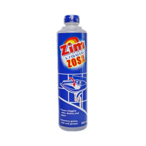 Zim Liquid Zosa drain cleaner bottle, used for unclogging sinks, drains, and pipes, dissolving grime, hair, and grease, ideal for commercial and residential plumbing maintenance.