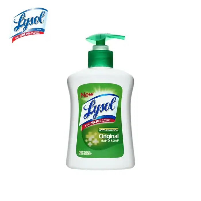 Lysol antibacterial hand soap pump bottle, sanitary product for hygiene and germ protection, front view, clean skin care.