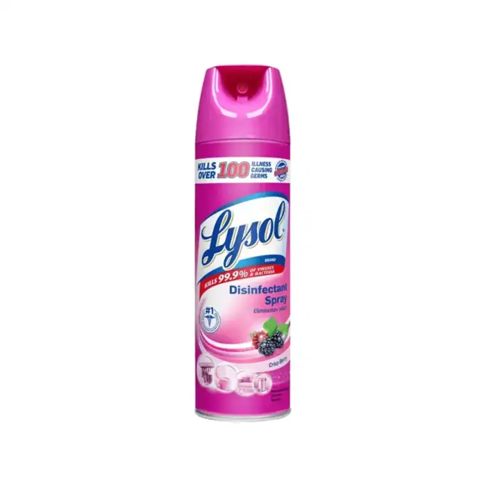 Lysol disinfectant spray can with berry scent for home sanitation, killing 99.9% of germs and bacteria. Perfect for disinfecting surfaces, preventing illness, and maintaining hygiene in Asian households.