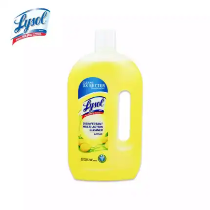 Lysol lemon disinfectant multi-action cleaner, effective at killing 99.9% of germs, perfect for sanitizing surfaces in commercial and residential spaces.
