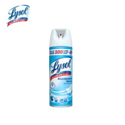 Lysol disinfectant spray bottle for sanitizing surfaces and killing germs, ideal for hygiene and cleaning effectiveness.