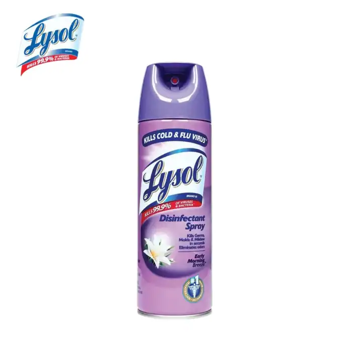 Lysol disinfectant spray bottle with lavender scent, kills 99.9% of germs, bacteria, and viruses, including cold and flu viruses, ideal for cleaning and disinfecting surfaces.