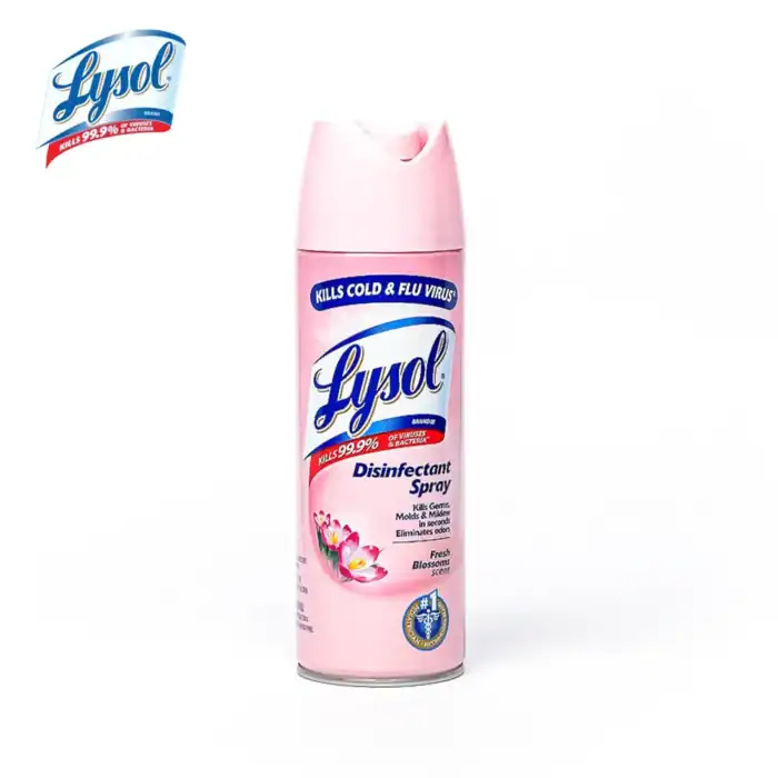 Lysol disinfectant spray for germs, bacteria, and mold in a pink floral scent, kills 99.9% of viruses, perfect for cleaning and sanitizing surfaces in commercial and residential spaces.