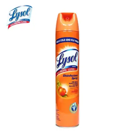 Lysol disinfectant spray can for effective germ and bacteria elimination, kills 99.9% of germs, ideal for disinfecting surfaces, with a citrus and meadow scent, perfect for home hygiene.