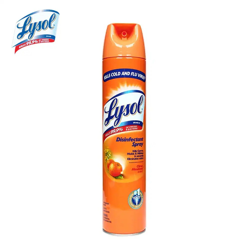 Lysol Disinfectant Spray 510g- Citrus Meadows Lysol disinfectant spray can for effective germ and bacteria elimination, kills 99.9% of germs, ideal for disinfecting surfaces, with a citrus and meadow scent, perfect for home hygiene.