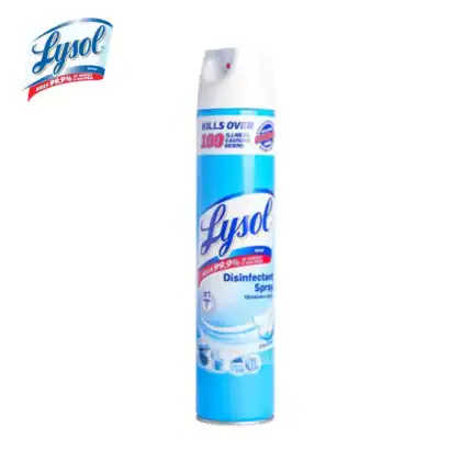 Lysol disinfectant spray can, effective antibacterial cleaning product for hygiene and sanitation.