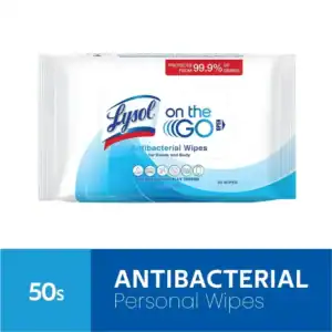 Antibacterial hand wipes for hygiene, featuring Lysol on the GO, alcohol-free and dermatologically tested for effective germ protection.