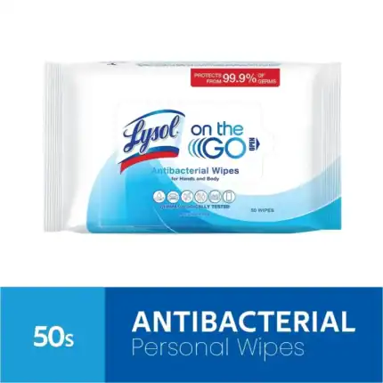 Antibacterial hand wipes for hygiene, featuring Lysol on the GO, alcohol-free and dermatologically tested for effective germ protection.